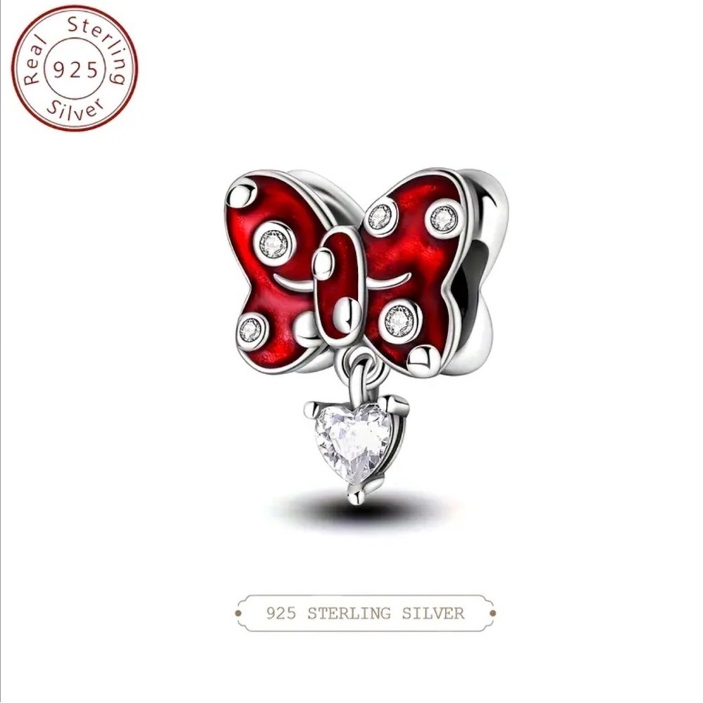S925 Sterling Silver Disney Inspired Minnie Red Bow Charm with CZ Accents - NWT - Picture 4 of 6